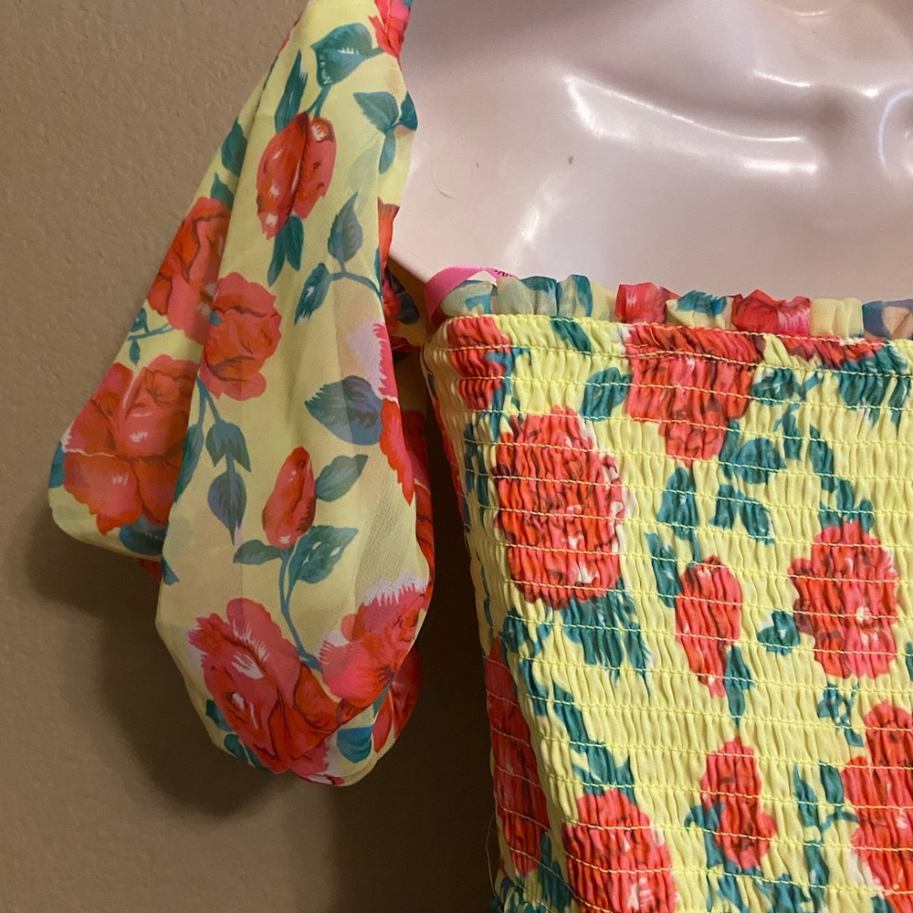 Betsy Johnson Size M Off Shoulder Puffy Sleeve Yellow Floral Lined Dress - Picture 10 of 13